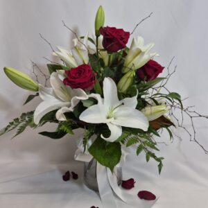 True Romance - white lilies and red roses - in a glass vase